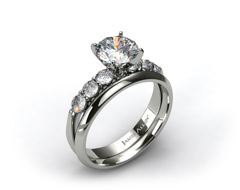 18k White Gold Common Prong Six Round Diamond Engagement Ring & 2mm Knife Edge Wedding Ring